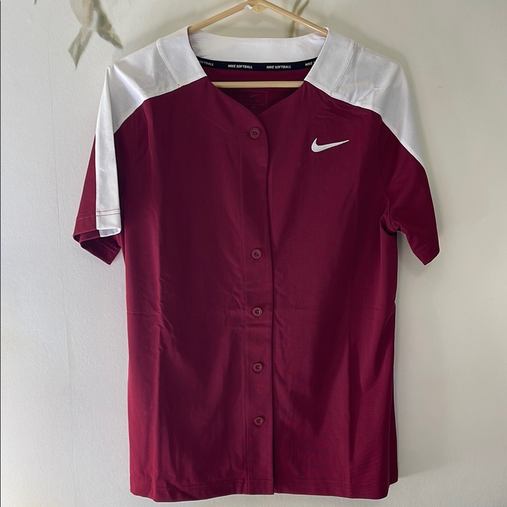 Nike Burgundy and White Short Sleeve Softball Jersey Shirt